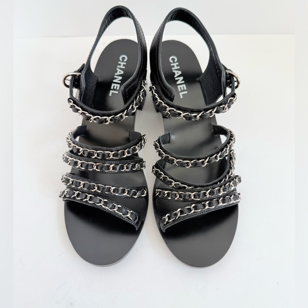 Chanel 20C Chain Strap Sandals Black Calfskin Silver Chain Heel Sandals EU 39.5 - Picture 2 of 10